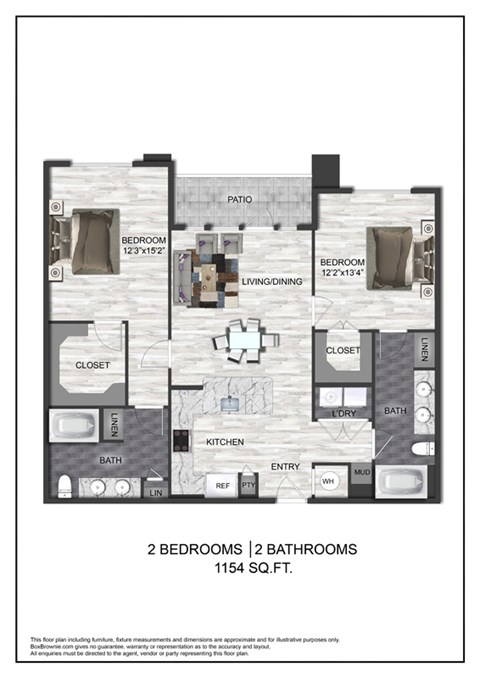 A floor plan of a two bedroom, two bathroom apartment.